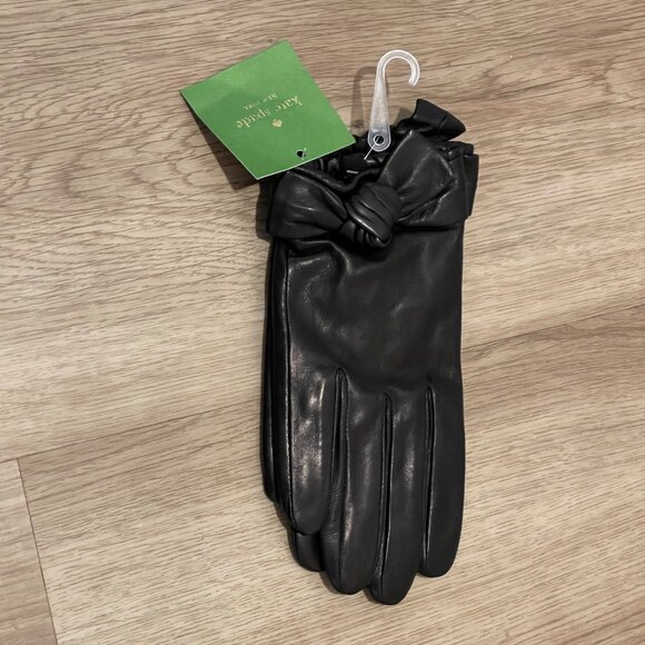 NWT Kate Spade Black Leather Self Knot Bow Gloves XL Style #KS1001658 New - Picture 3 of 7